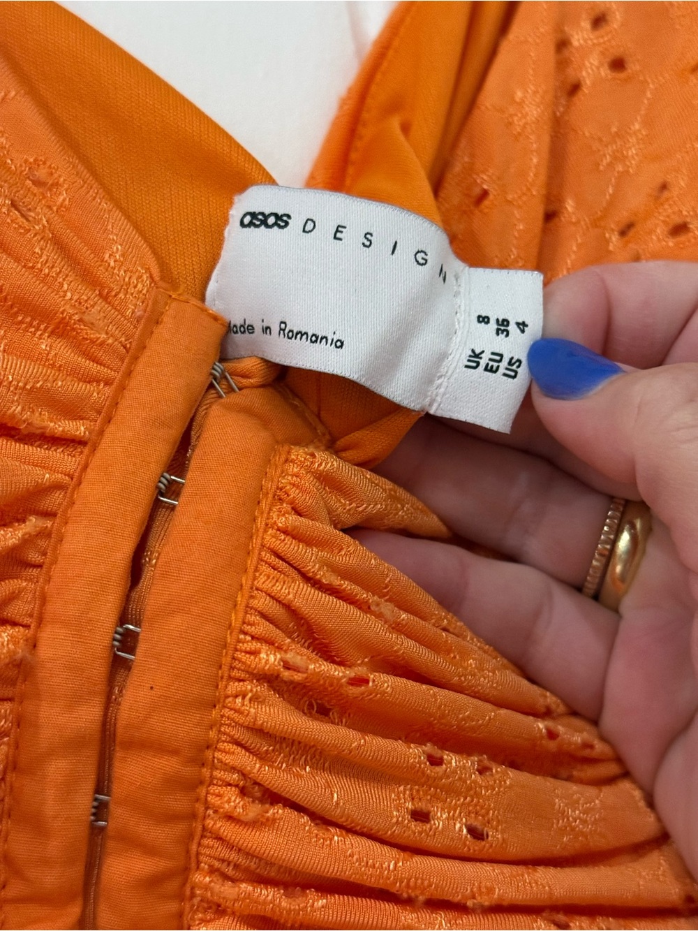 NWT ASOS DESIGN Puff Sleeve Ruched Eyelet corset Top Midi dress orange us size 4 - Picture 5 of 6